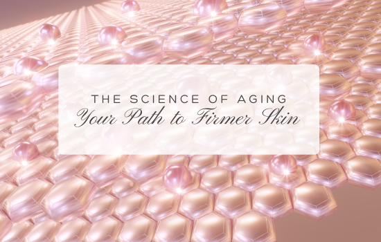 A microscopic view of skin structure showing a honeycomb pattern of pink and pearlescent hexagonal cells stretching into the distance. A translucent banner overlays the image with text reading 'THE SCIENCE OF AGING: Your Path to Firmer Skin' in elegant typography.